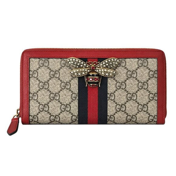 Gucci Handbags - GUCCI Queen Margaret Bee Rhinestone Red Supreme Continental Wallet Zip Monogram